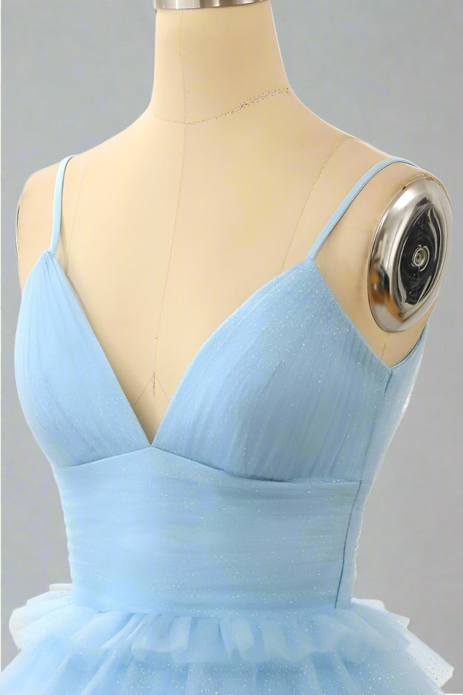Light Blue Straps V-Neck Ruffle Mini Homecoming Dress for Women