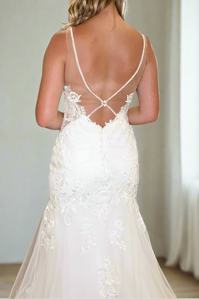 Elegant Illusion Neck Plunging Applique Mermaid Wedding Dress