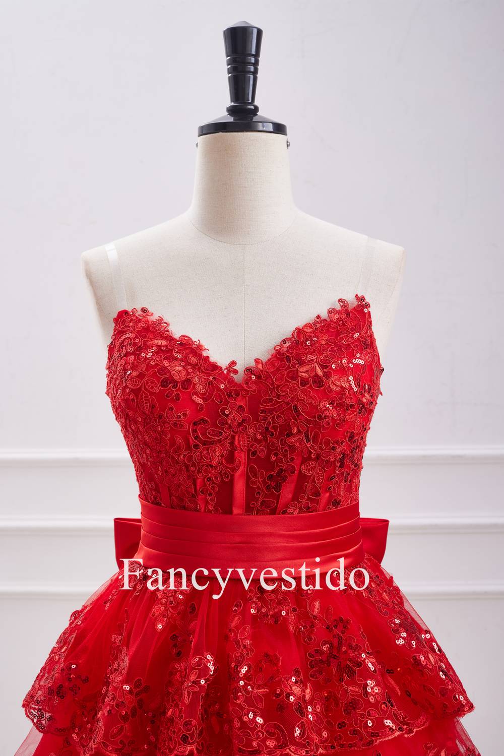 Gorgeous Strapless Red Sequin and Ruffle Corset-style Homecoming Dress with Elegant Bow Embellishment