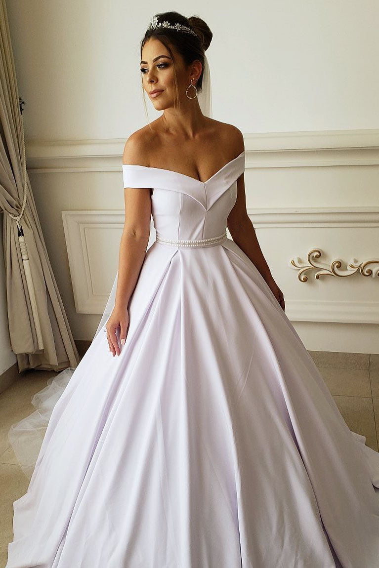 Exquisite Princess-style A-line Off-the-shoulder White Beaded Wedding Dress for Brides