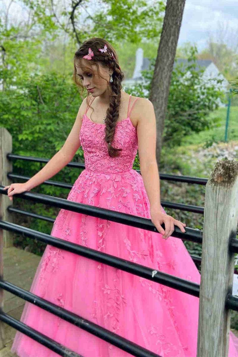 Yellow Long Prom Dress with Spaghetti Straps, Lace Appliques and Lace-Up Back