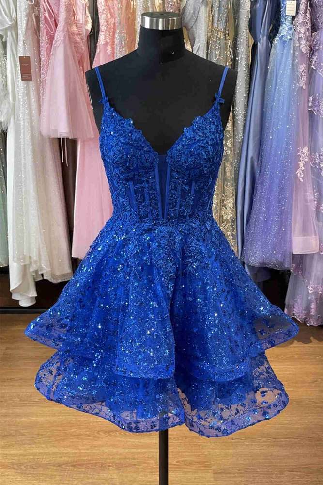 Exquisite Royal Blue Spaghetti Straps V-Neck A-Line Homecoming Evening Dress Adorned with Appliques