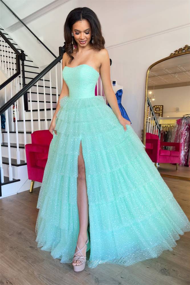 Mint Green Strapless Prom Dress with Ruffle Detailing and Slit for a Stunning Look