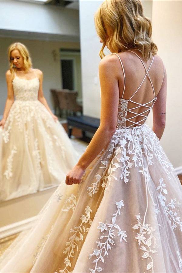 Yellow Long Prom Dress with Spaghetti Straps, Lace Appliques and Lace-Up Back