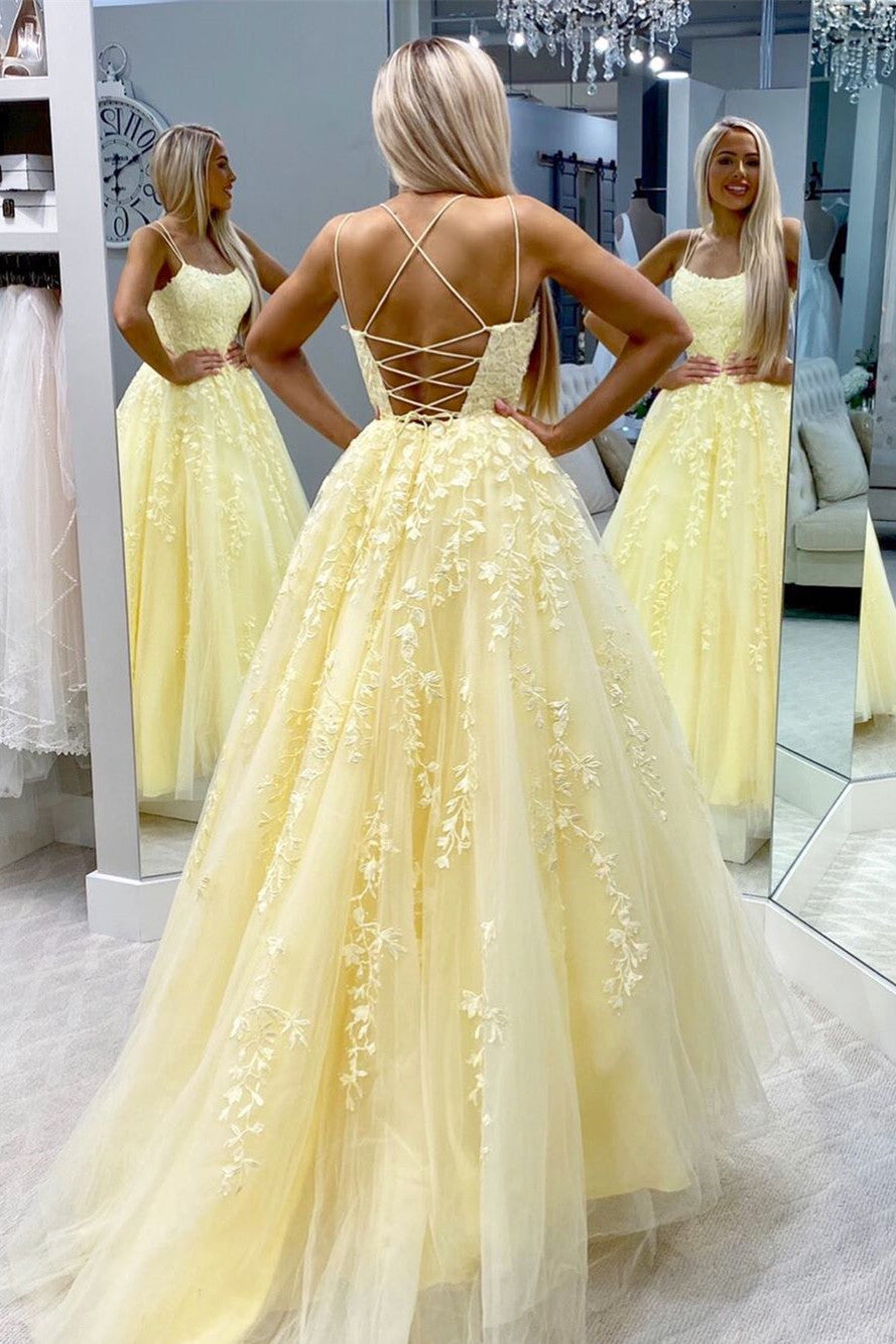 Yellow Long Prom Dress with Spaghetti Straps, Lace Appliques and Lace-Up Back