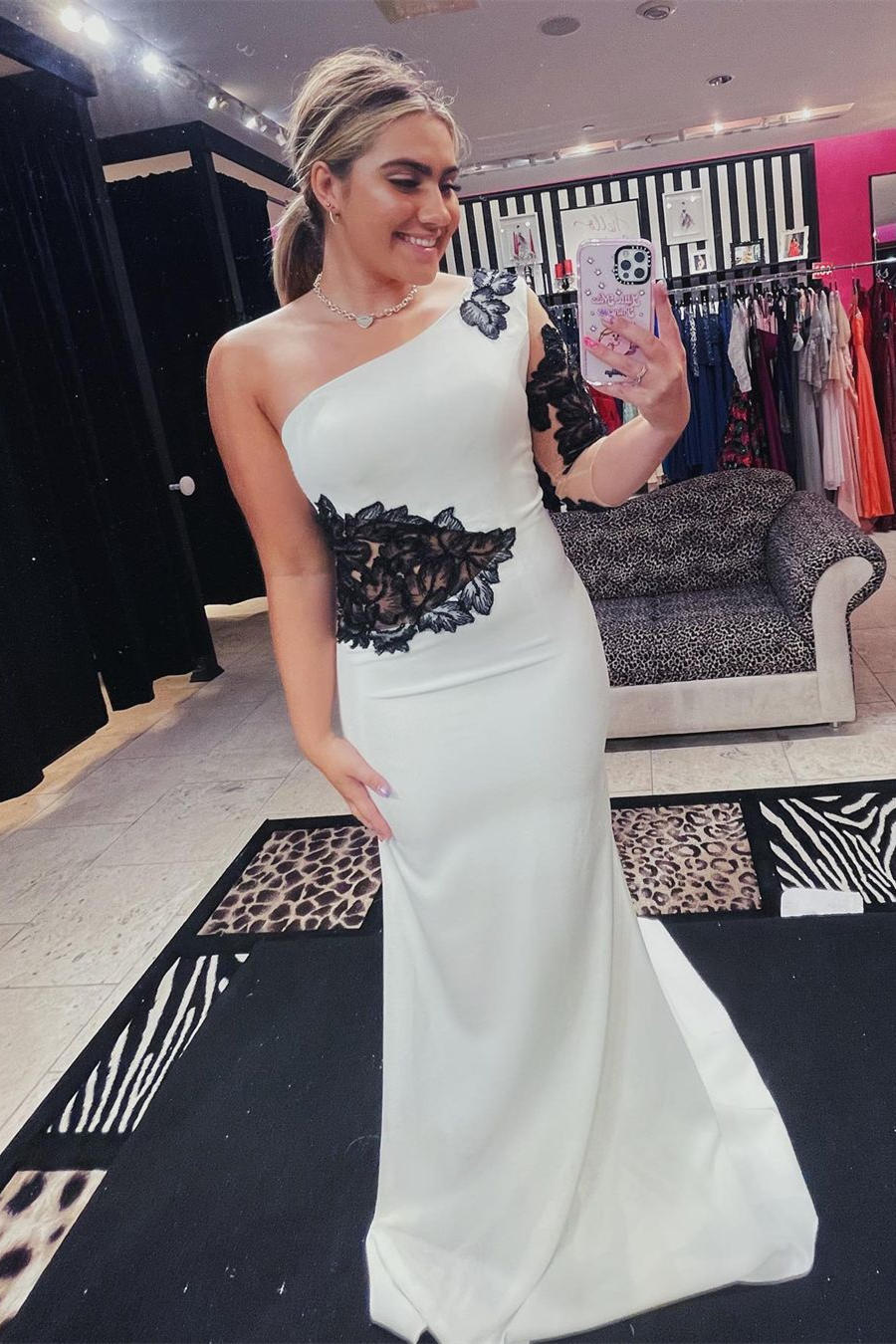 Graceful One-Shoulder White Long Mermaid Bridal Dress with Black Lace Appliques