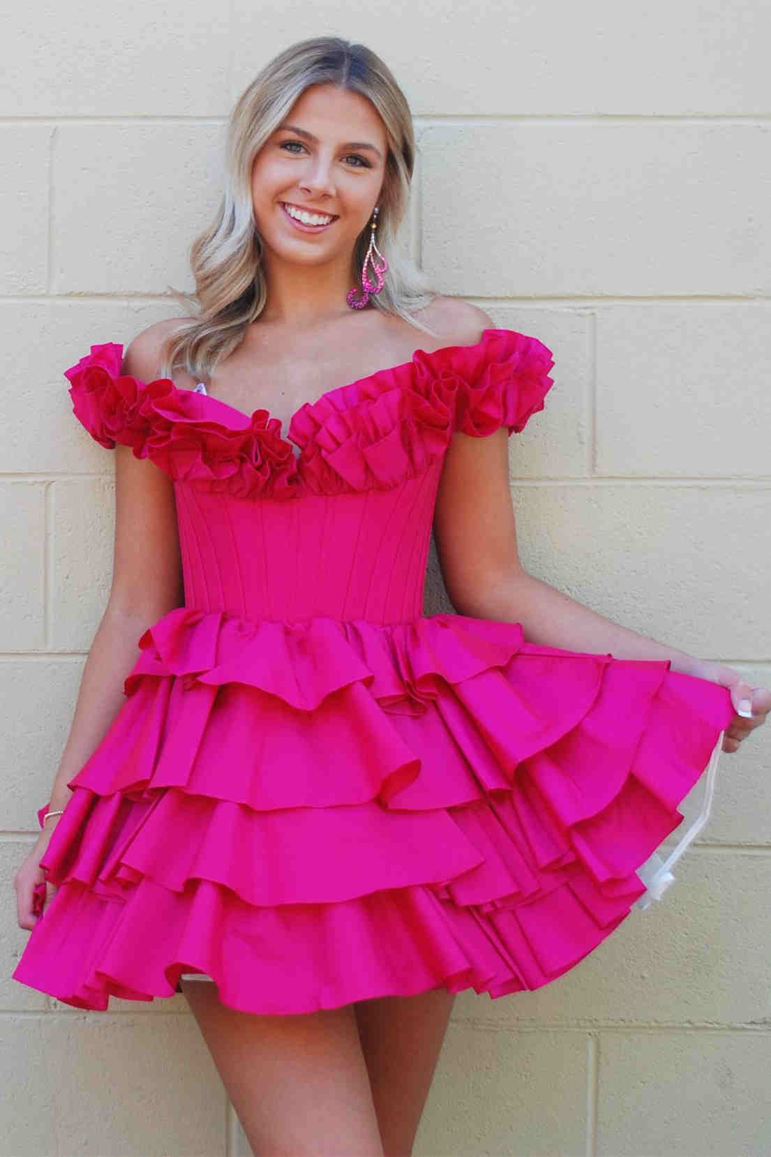 Fuchsia Off-the-Shoulder Tiered A-Line Short Homecoming Dress for Girls