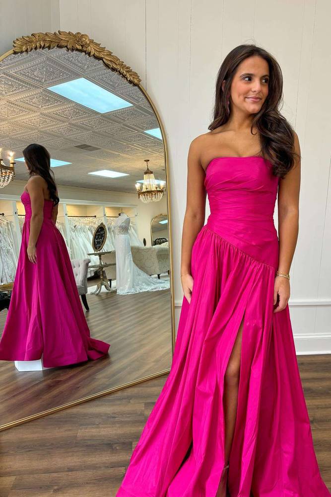 Gorgeous Hot Pink Strapless A-Line Prom Dress with Alluring Slit