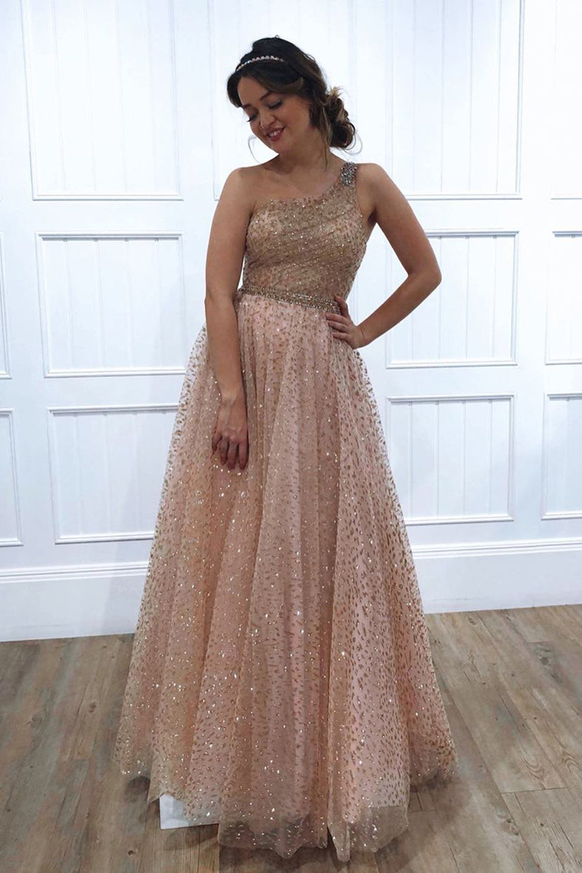Champagne Glitter One-Shoulder Long Princess Style Prom Dress for Elegant Occasions
