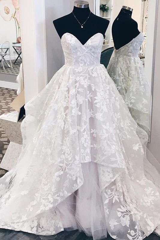Elegant A-line Long White Sweetheart Neck Wedding Dress Adorned with Ruffles and Lace Appliques