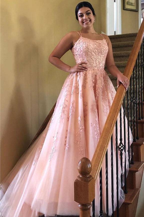 Yellow Long Prom Dress with Spaghetti Straps, Lace Appliques and Lace-Up Back