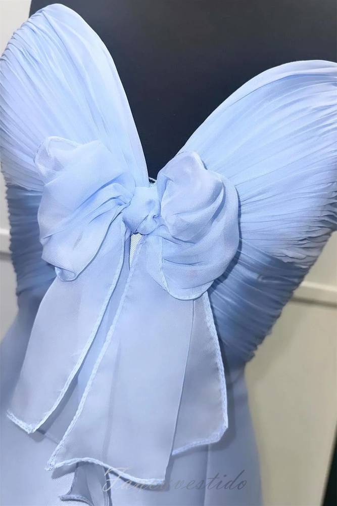 Gorgeous Strapless Mermaid Prom Dress in Blue Satin with a Charming Bow