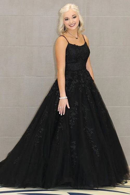 Yellow Long Prom Dress with Spaghetti Straps, Lace Appliques and Lace-Up Back