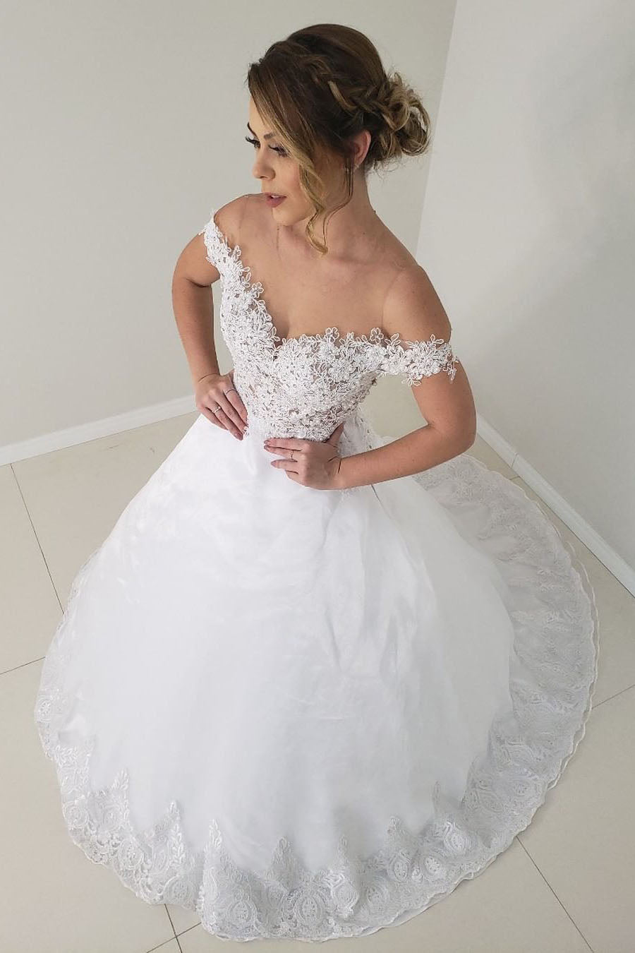 Elegant Princess A-line Off-the-Shoulder Lace White Wedding Dress