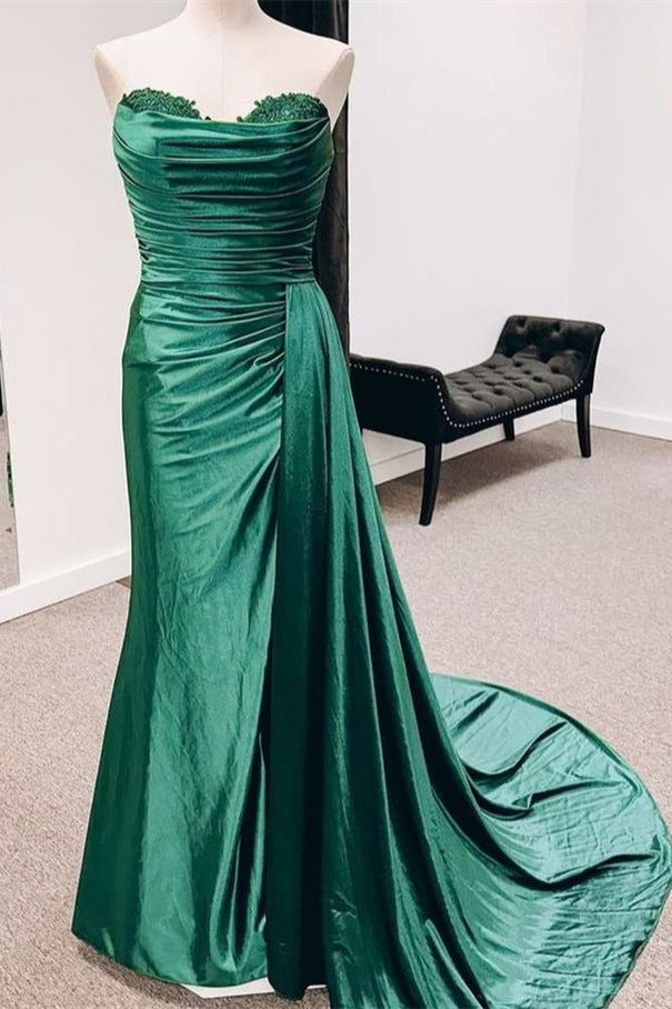 Fuchsia Satin Pleated Strapless Long Mermaid Prom Dress