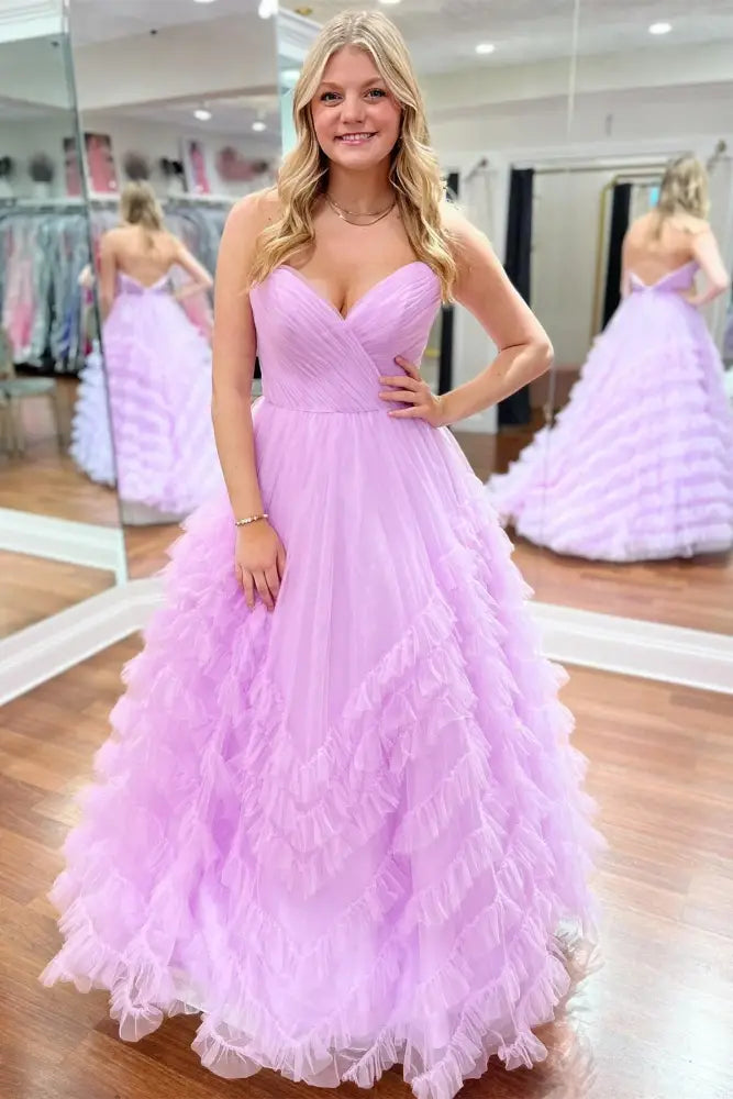 Gorgeous Sweetheart Neckline Peach-Colored Pleated Layered A-Line Formal Prom Dress for Young Ladies
