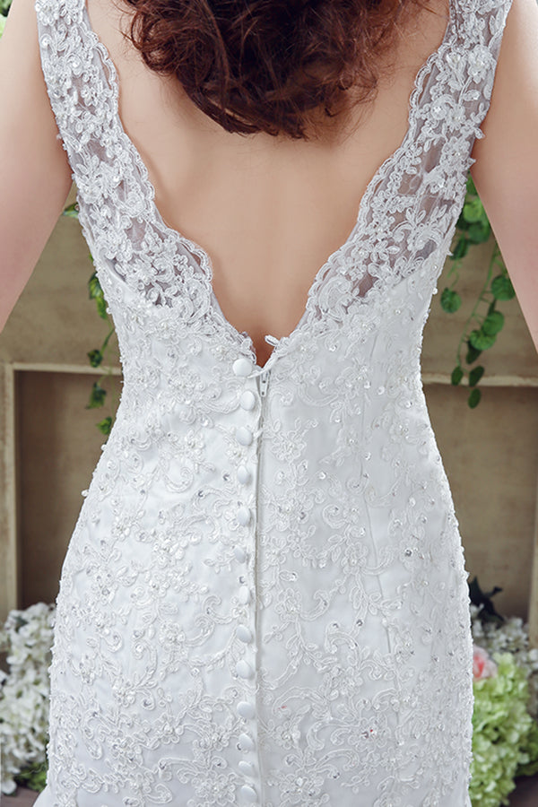 Long White V Back Mermaid Wedding Dress Embellished with Appliques