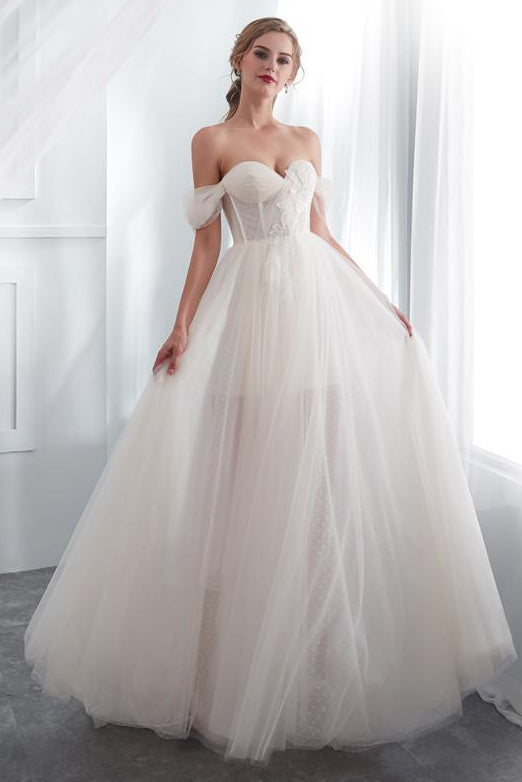 Stunning Princess-Style Long Off-Shoulder A-line Ivory Bridal Wedding Dress