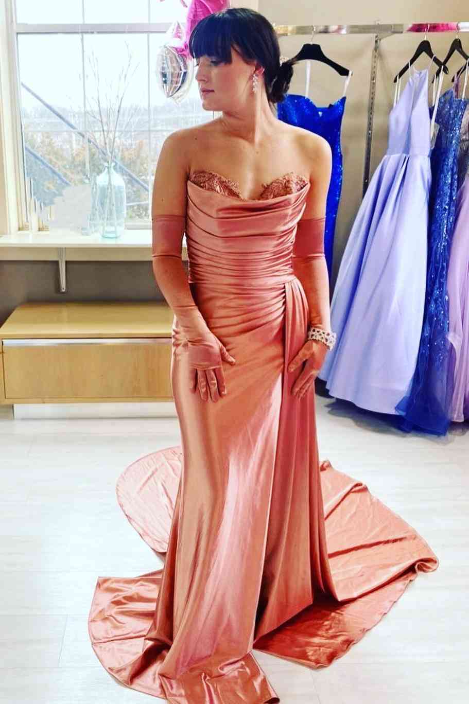 Fuchsia Satin Pleated Strapless Long Mermaid Prom Dress