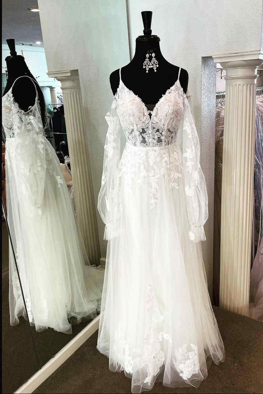 Exquisite Princess-Style Cold Sleeves White Appliques A-Line Tulle Lace Wedding Dress for Brides