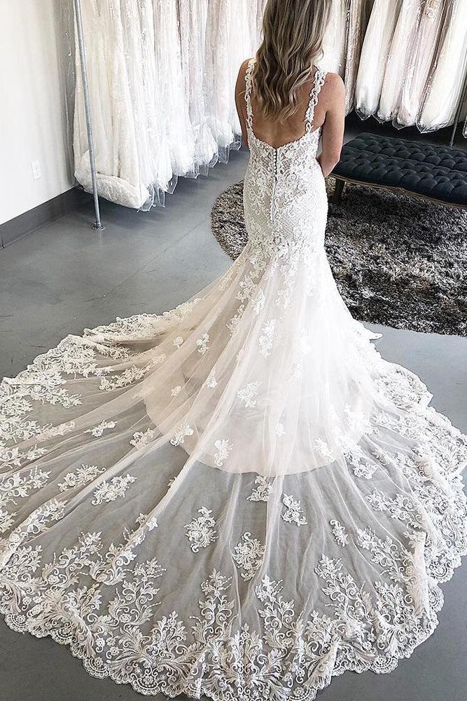 Elegant Princess Style Long Straps Mermaid Ivory Lace Bridal Wedding Dress