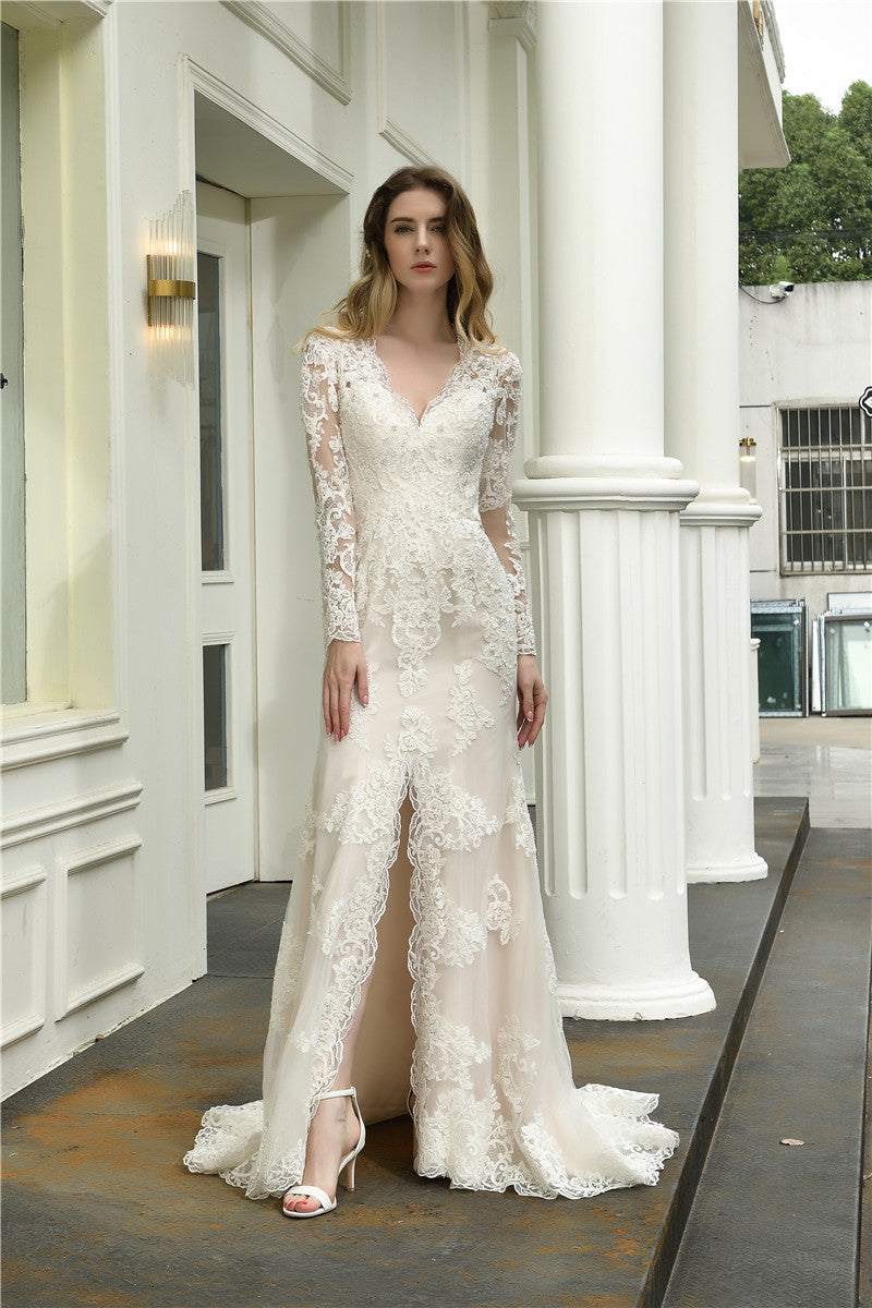 Ivory A-Line Long-Sleeved Princess Wedding Dress with Front Slit