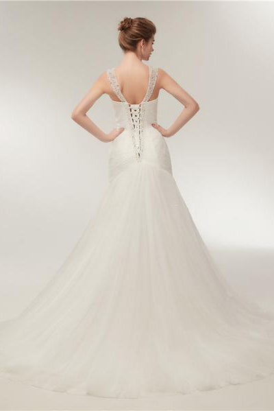 Exquisite Princess-Style Long Ivory Mermaid Wedding Dress with Beaded Lace-Up Design