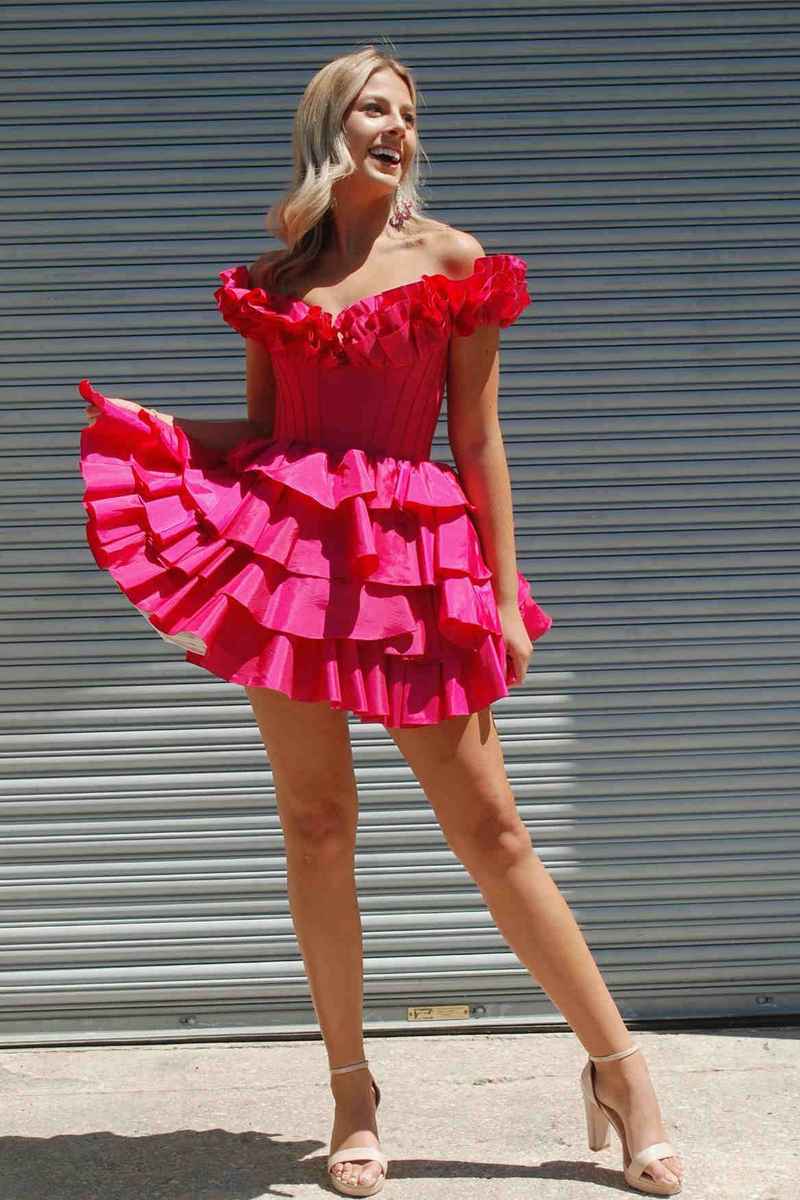 Fuchsia Off-the-Shoulder Tiered A-Line Short Homecoming Dress for Girls