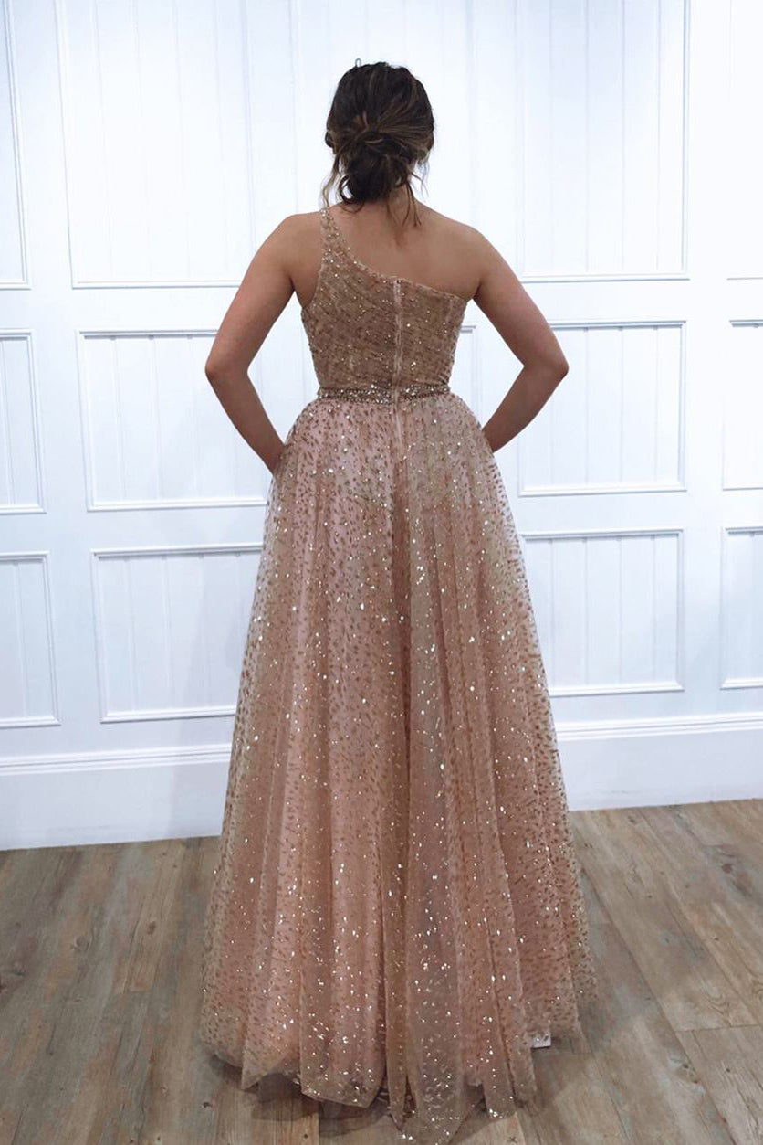 Champagne Glitter One-Shoulder Long Princess Style Prom Dress for Elegant Occasions