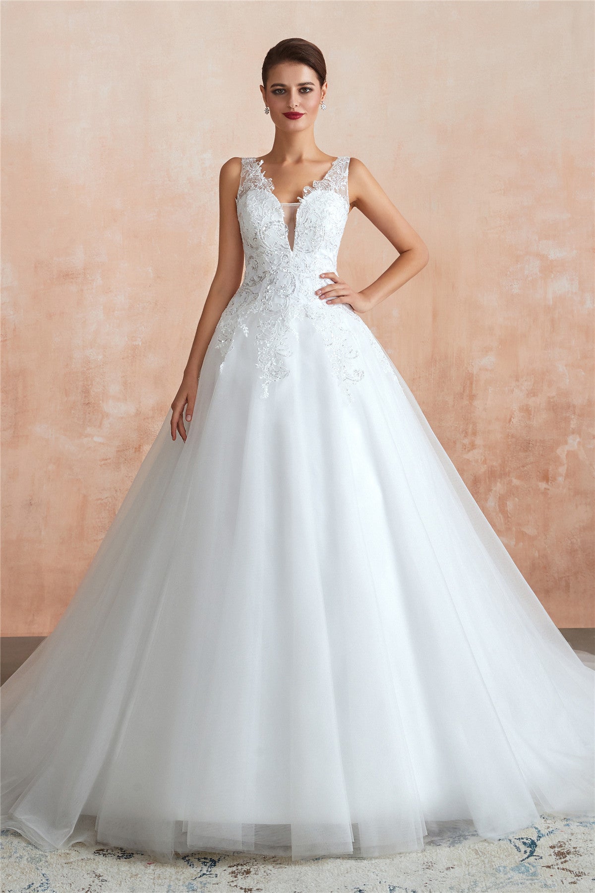 Exquisite Princess-style Long A-line White Wedding Dress with Sequins and Sheer Back for Brides