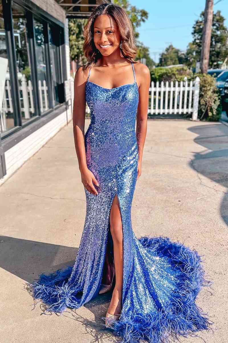 Elegant Blue Long Prom Dress with Sequined Straps and Feather Hem