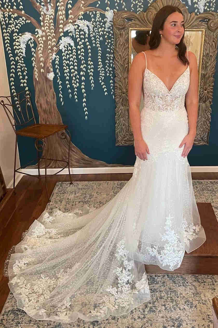 Elegant White Lace Straps Cutout Back Mermaid Wedding Dress
