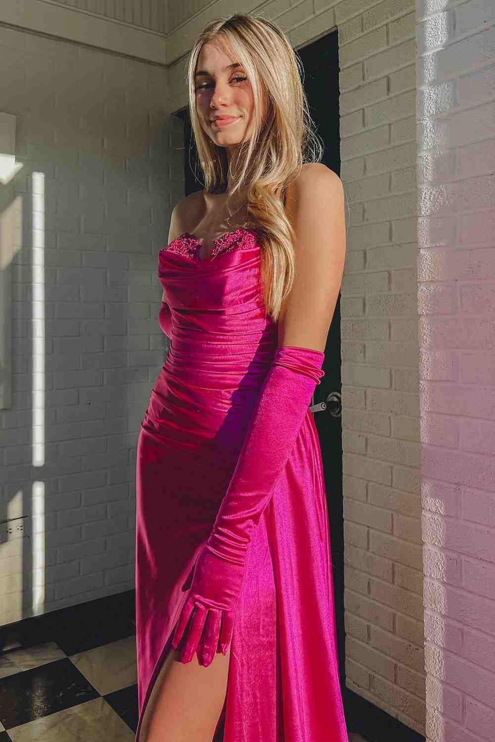 Fuchsia Satin Pleated Strapless Long Mermaid Prom Dress