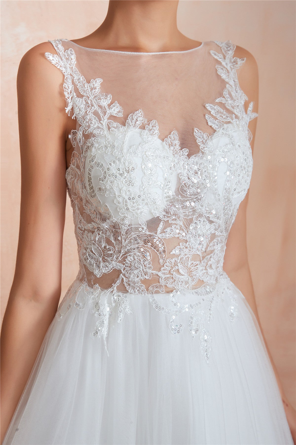 Floral Sequined Long A-line Sheer Back White Princess Wedding Dress
