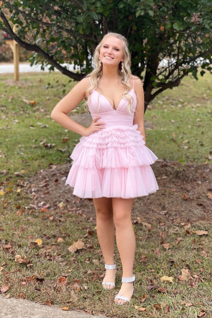 Light Blue Straps V-Neck Ruffle Mini Homecoming Dress for Women