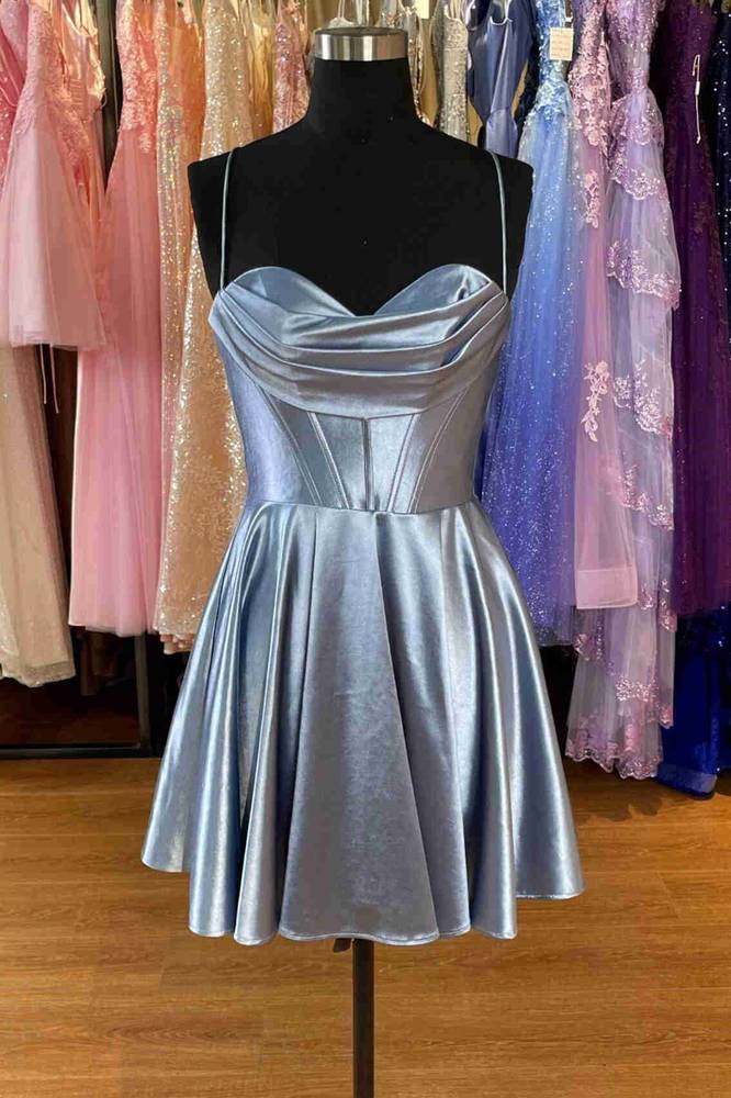 Grey Pleated Strappy Lace-Up Short A-Line Party Dress