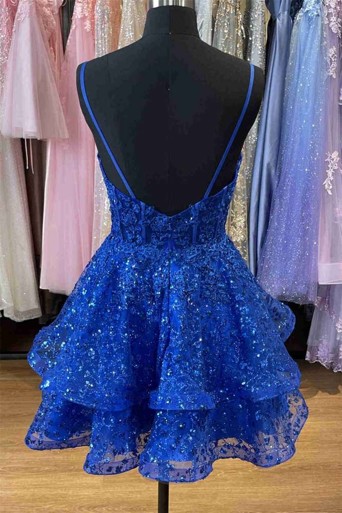 Exquisite Royal Blue Spaghetti Straps V-Neck A-Line Homecoming Evening Dress Adorned with Appliques