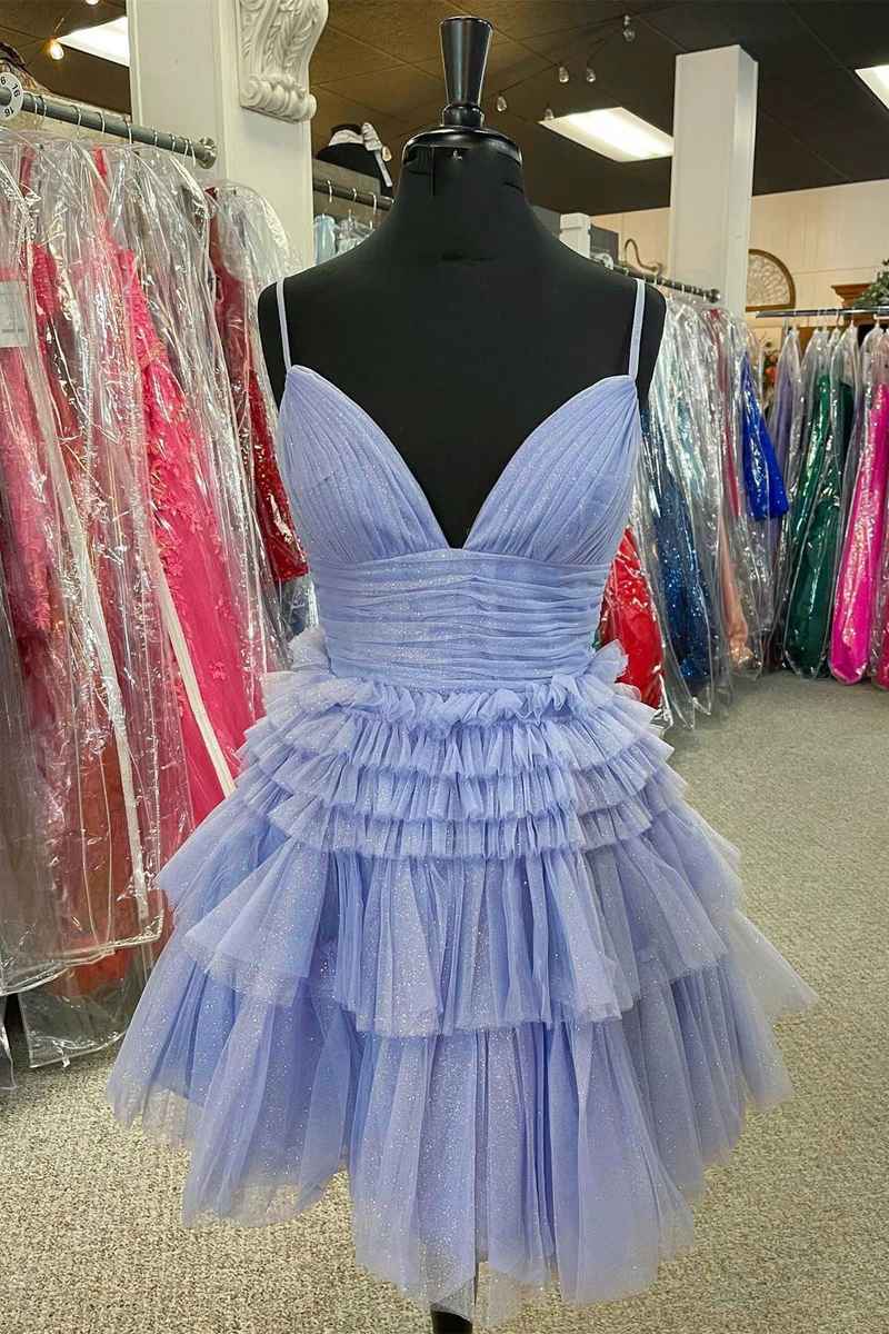 Light Blue Straps V-Neck Ruffle Mini Homecoming Dress for Women
