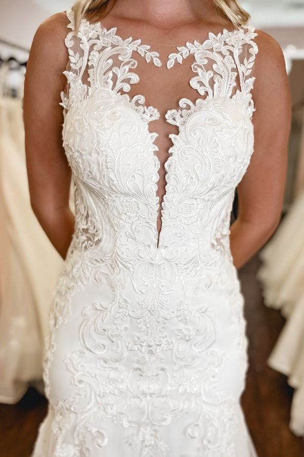 Elegant Illusion Neck Plunging Applique Mermaid Wedding Dress