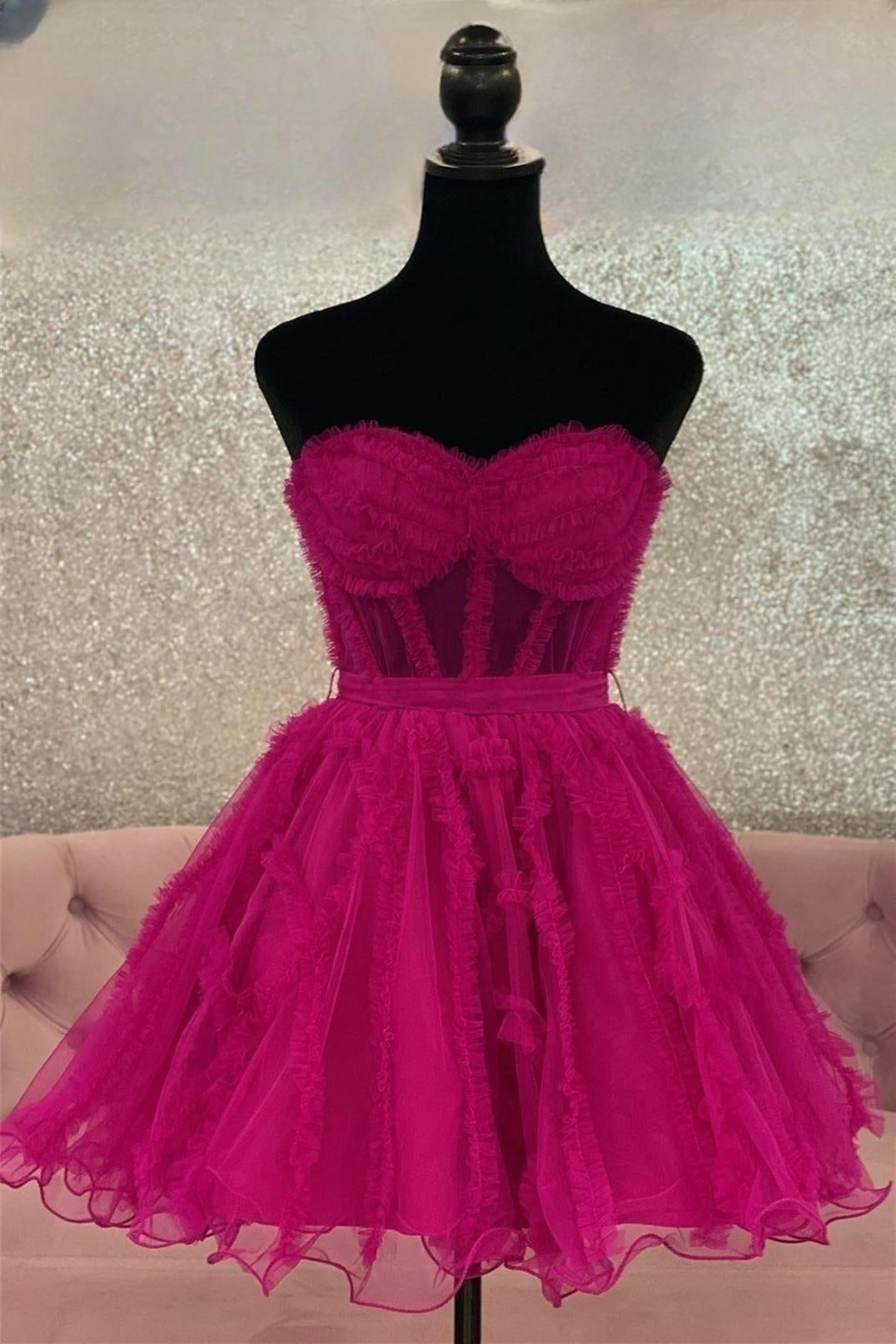 Fuchsia Strapless Ruffled A-line Tulle Dress for Homecoming
