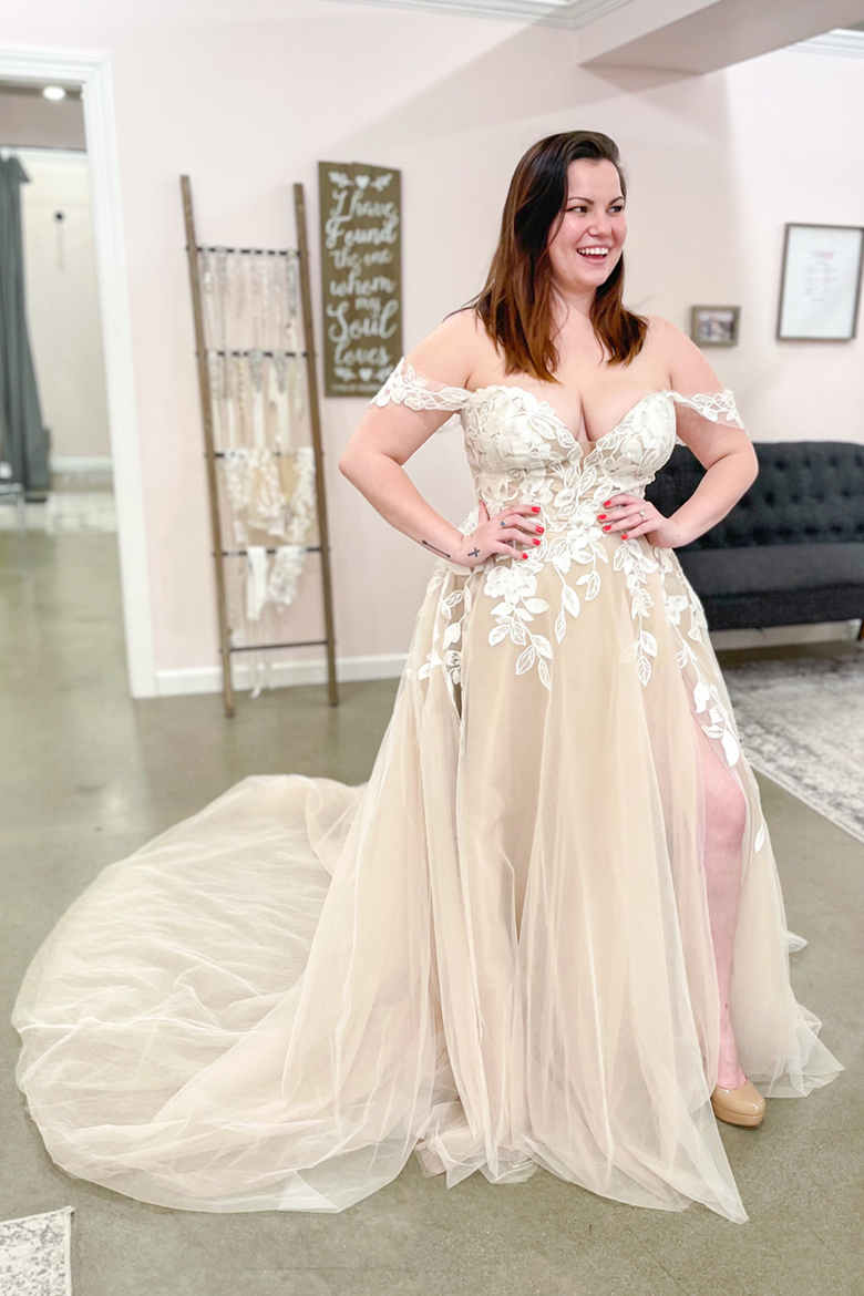 Elegant Off-the-Shoulder Taupe Long Wedding Dress with Decorative Appliques