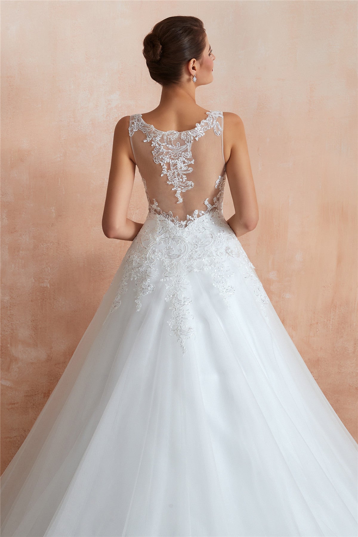 Exquisite Princess-style Long A-line White Wedding Dress with Sequins and Sheer Back for Brides