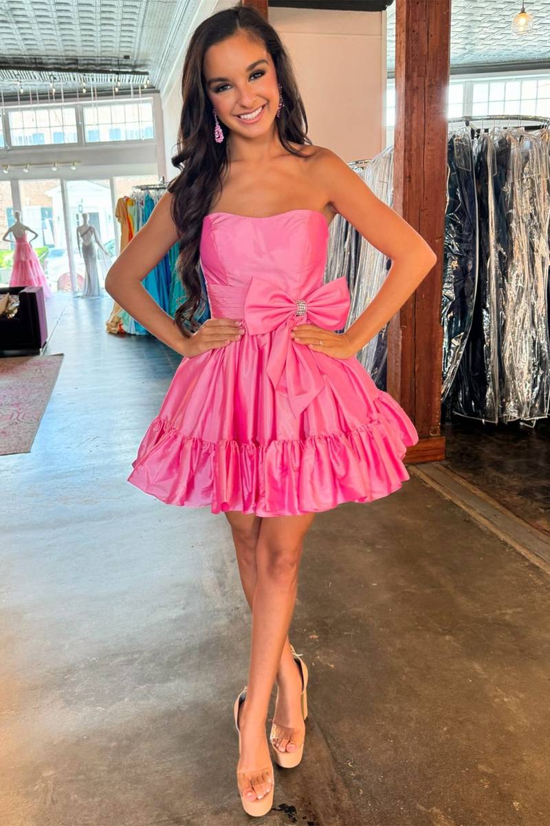 Pink Strapless Taffeta Short A-line Party Dress with Elegant Bow