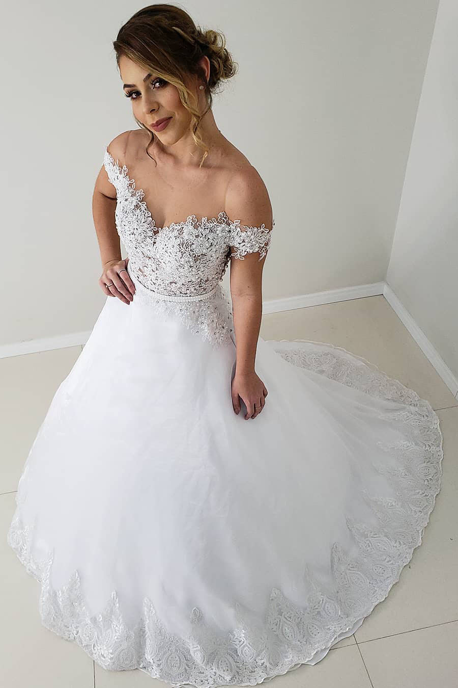Elegant Princess A-line Off-the-Shoulder Lace White Wedding Dress
