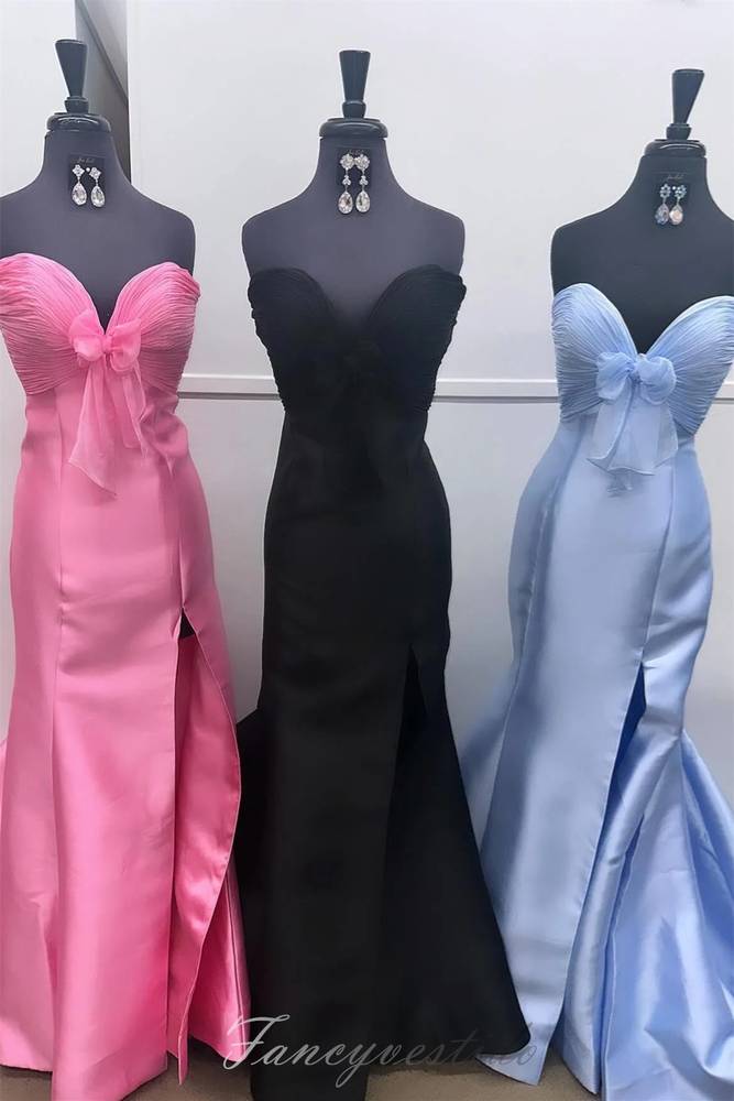 Gorgeous Strapless Mermaid Prom Dress in Blue Satin with a Charming Bow
