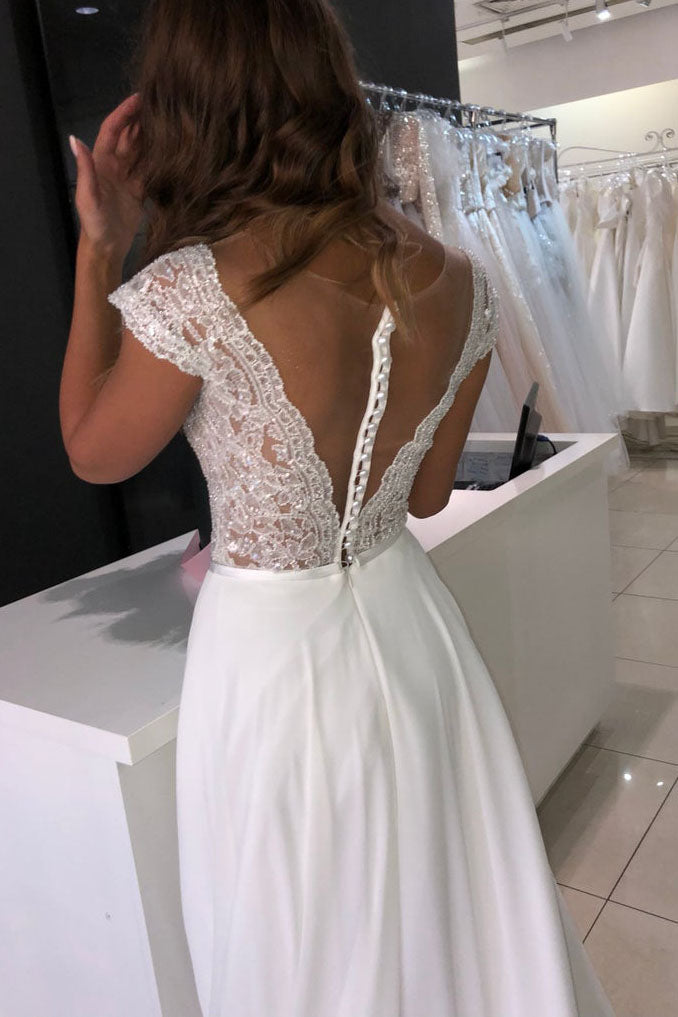 Elegant Princess A-line Long Deep V-Neck White Chiffon & Lace Wedding Gown