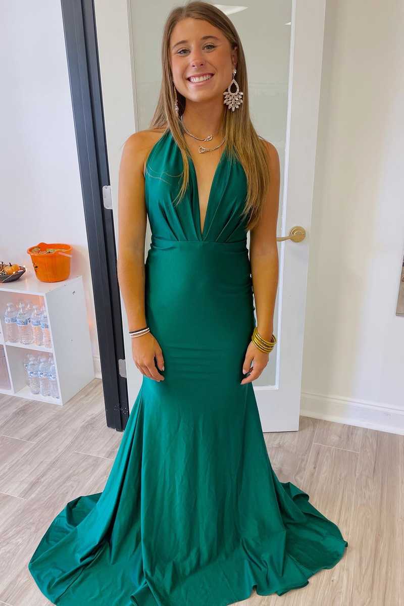 Green Backless Halter Pleated Mermaid Style Long Prom Dress