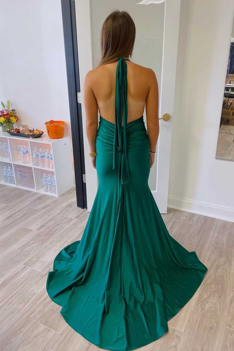 Green Backless Halter Pleated Mermaid Style Long Prom Dress