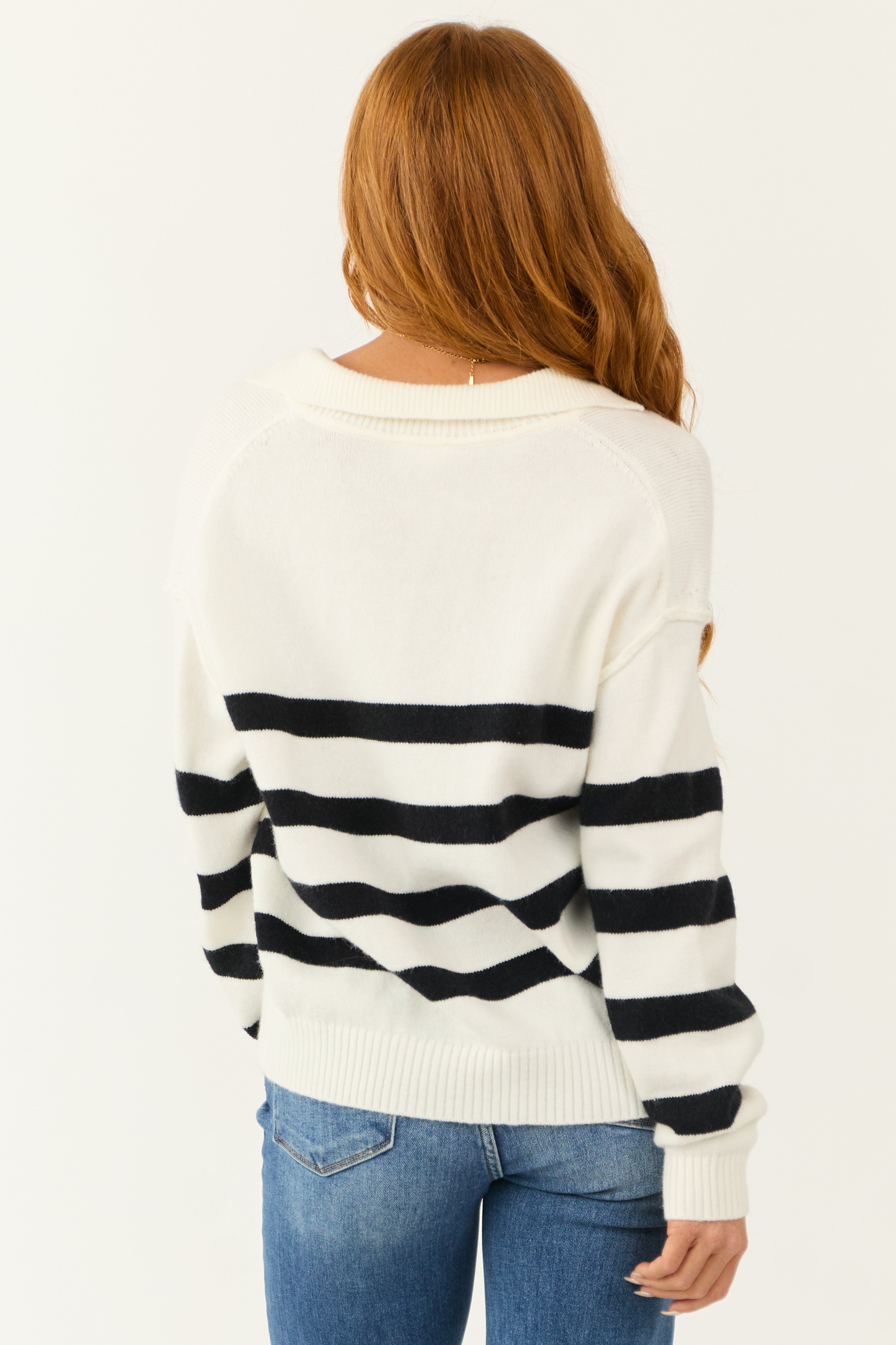 Stylish Ivory Striped V Neck Knit Collared Drop Shoulder Sweater