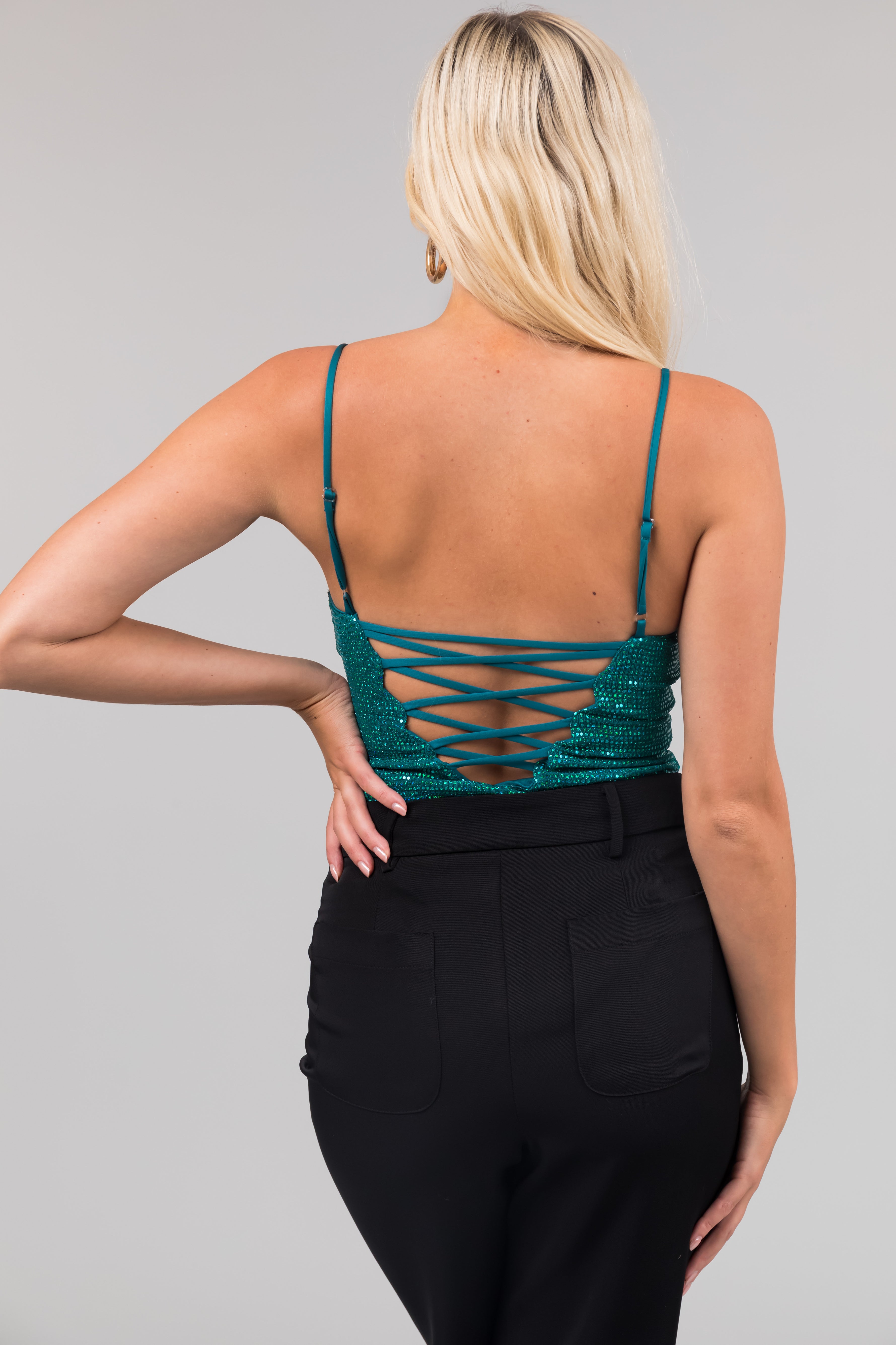 Sequined Teal Bodysuit with Adjustable Strappy Back